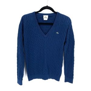 Lacoste Vintage Navy Blue V-Neck Cable Knit Sweater Size Medium